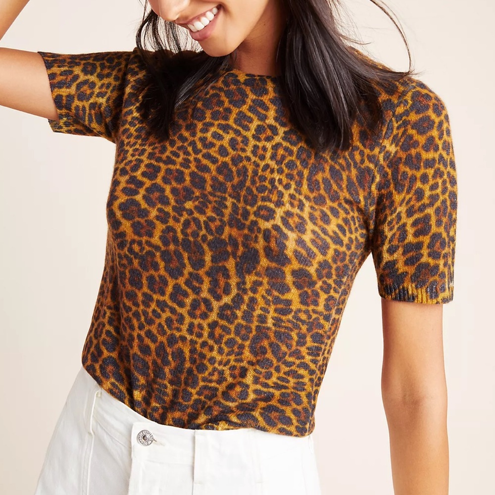 White + Warren Leopard Print Cashmere Sweater Tee